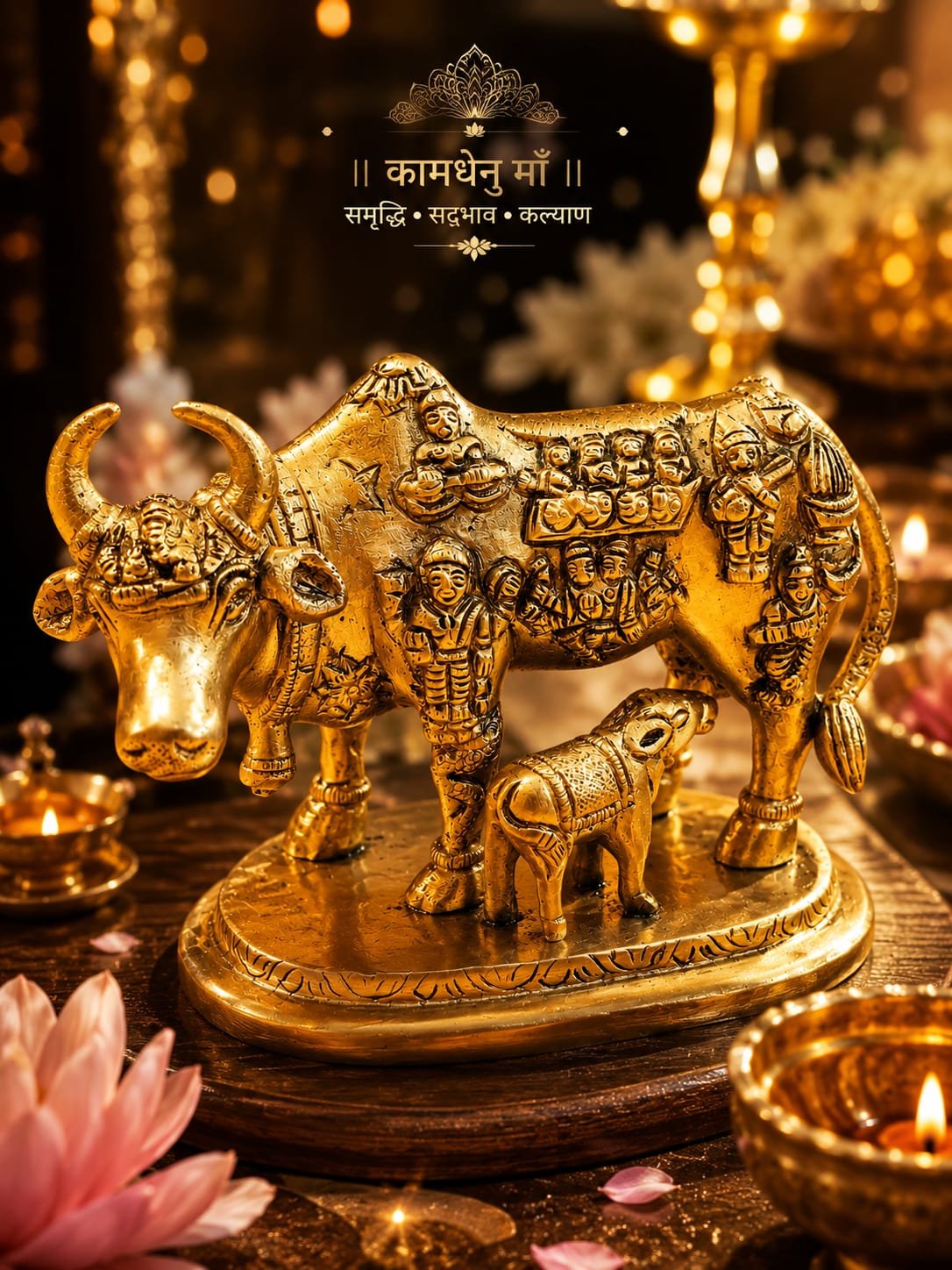 Brass Kamdhenu Maa Cow & Calf Murti